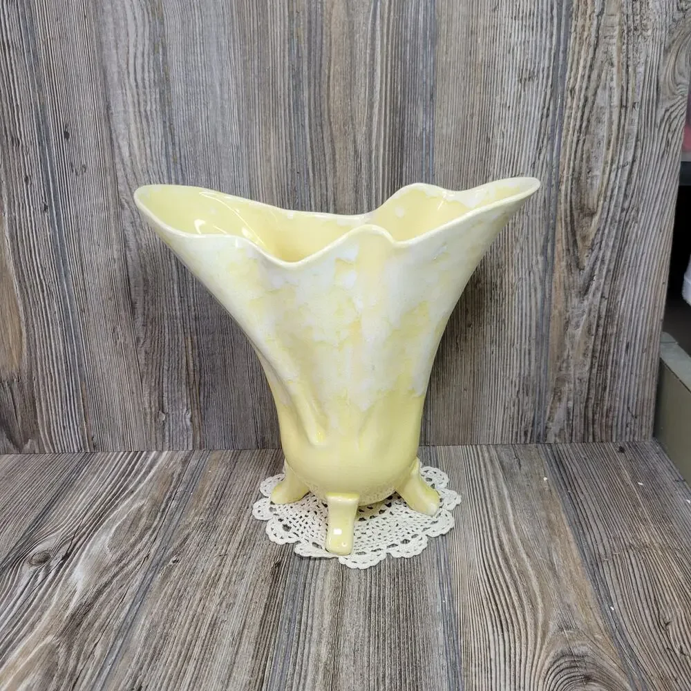Vintage Brush Pottery USA 923 Yellow Drip Glaze Footed Large Flared Vase McCoy